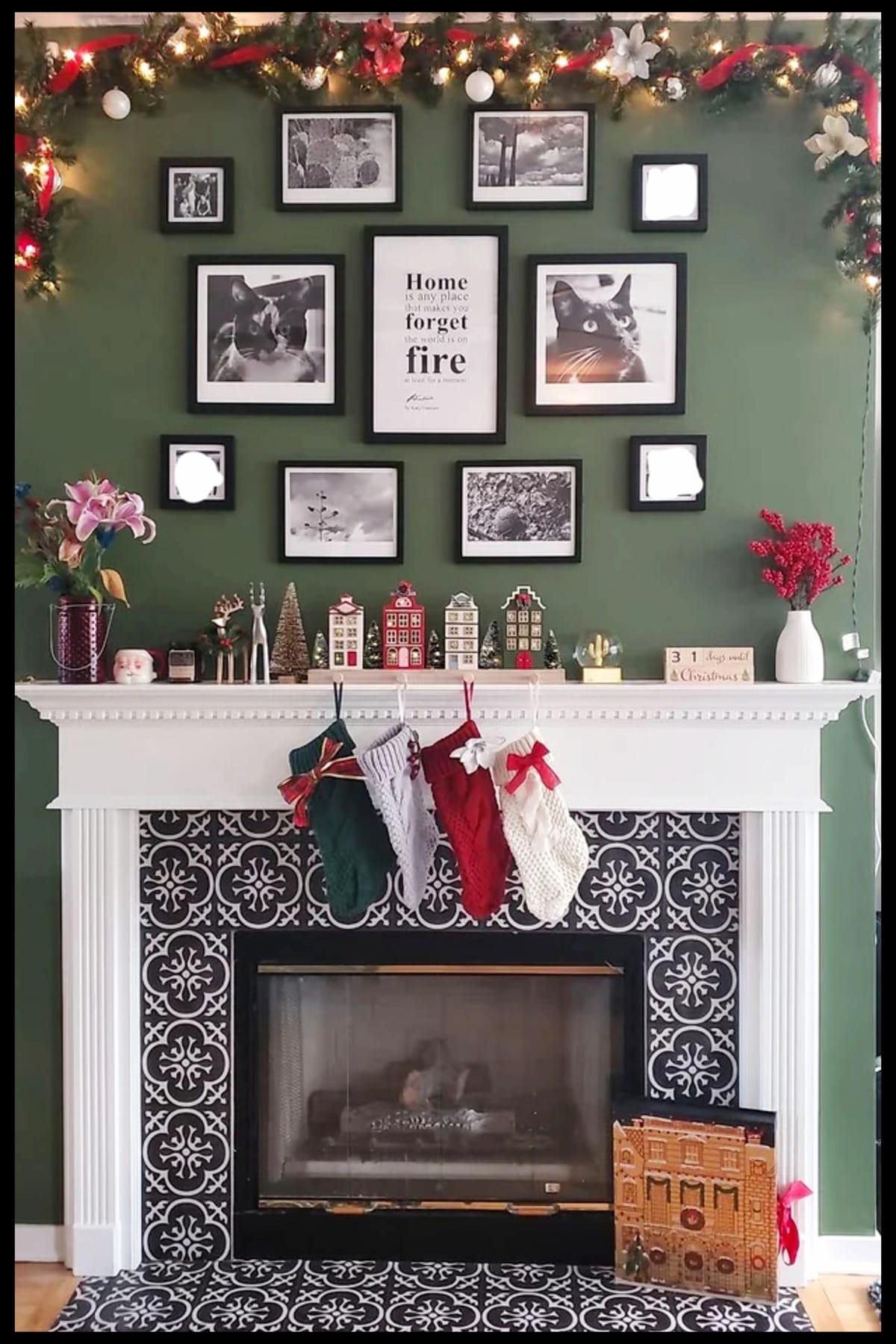 Photo wall over fireplace decorated for Christmas
