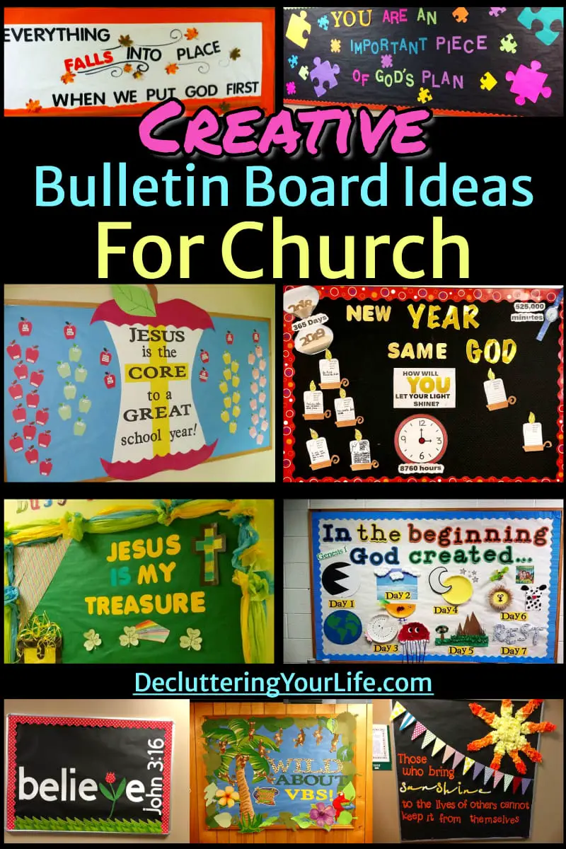 9 different creative church bulletin board ideas for Sunday School and church classrooms with religious Christian sayings - Everything Falls Into Place When We Put God First with handmade Fall theme decorations, Wild About VBS jungle theme, Jesus is the Core to a Great School year with apple bulletin board decorations, etc