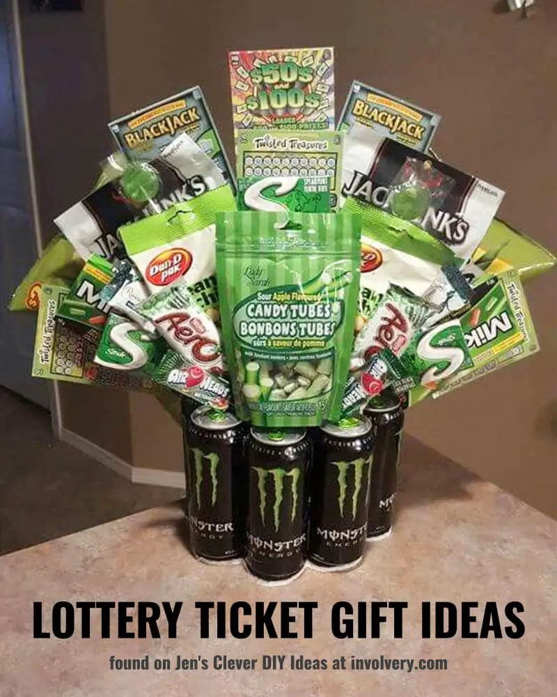 lottery ticket gift ideas-boyfriend's birthday gift basket with scratch off lottery tickets, candy and Monster energy drink cans