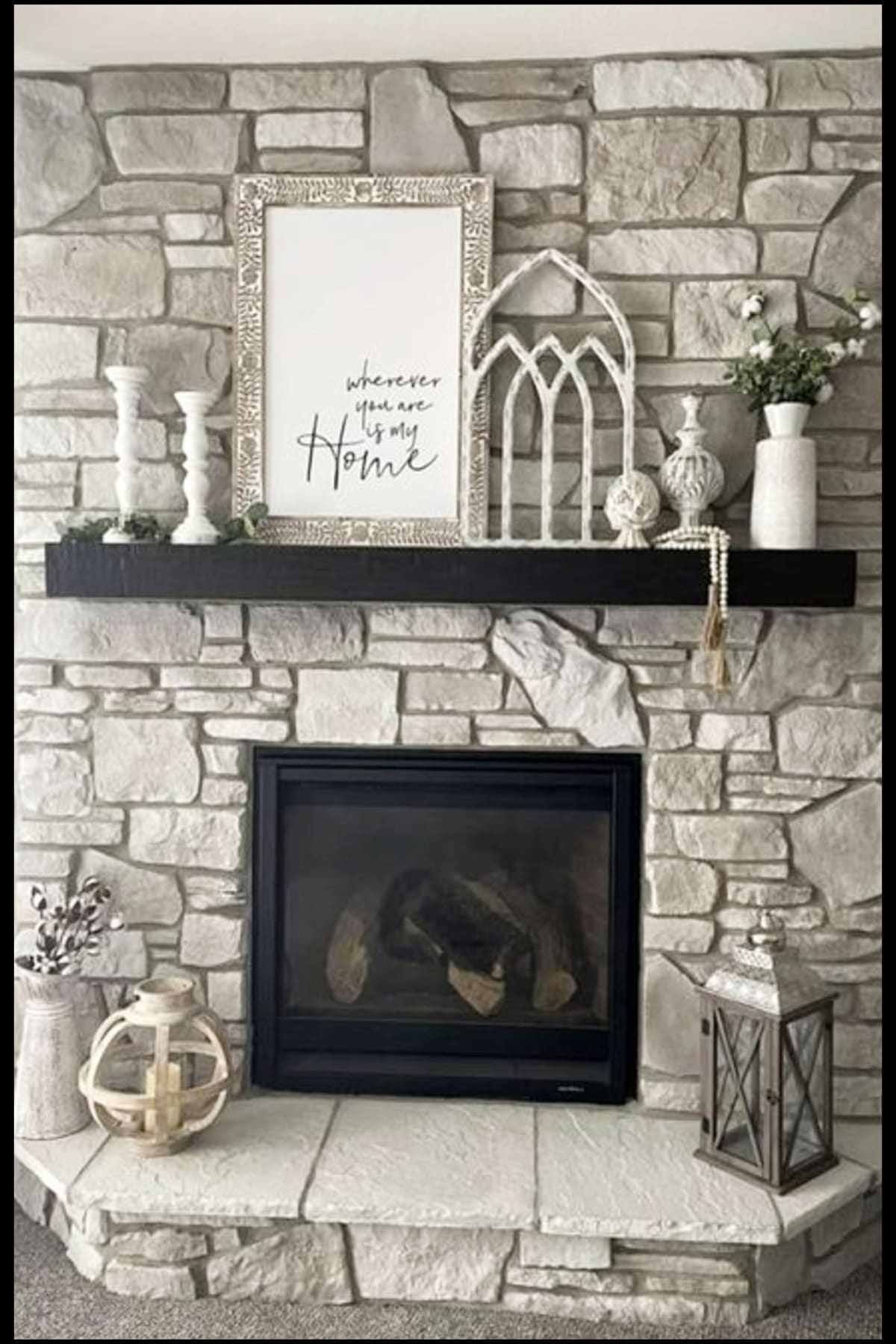 cozy grey living room fireplace decor