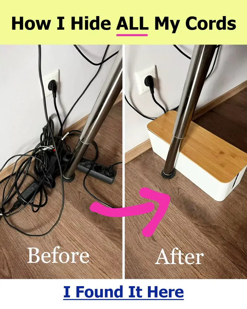 organize and hide all cords, plugs and wires under desk in small office
