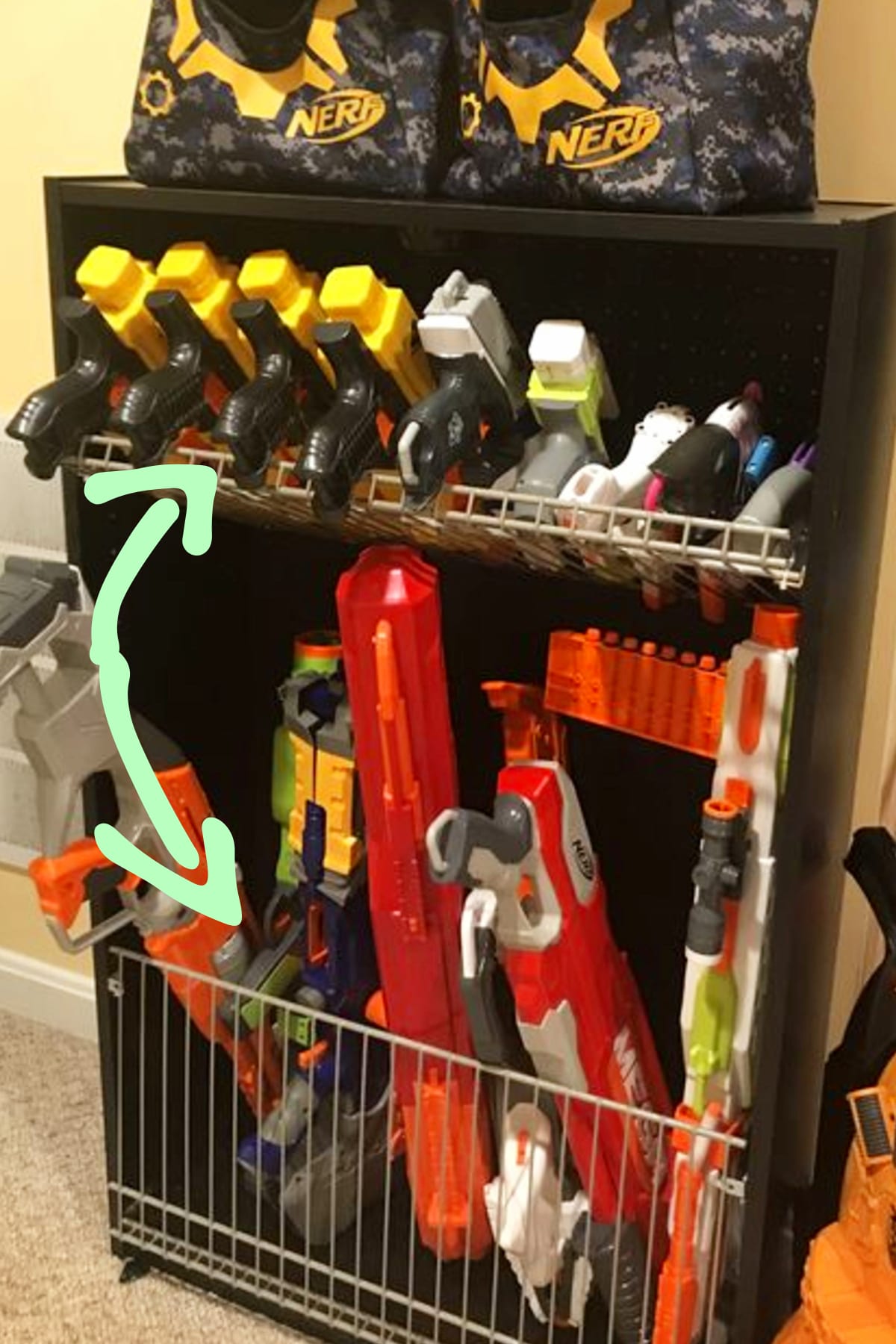 DIY Nerf storage unit made from repurposed old bookshelf and wire shelving