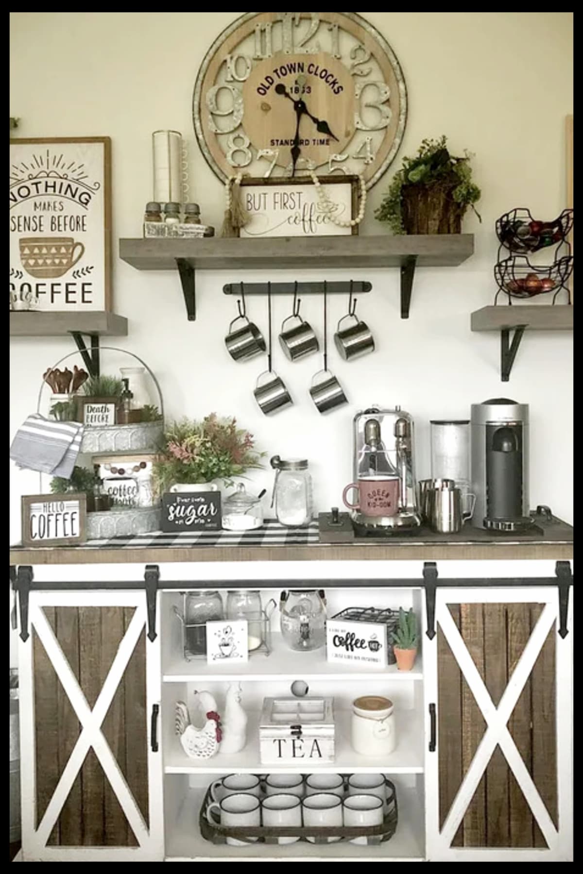 coffee bar ideas and decorating with fake plants and farmhouse decorations