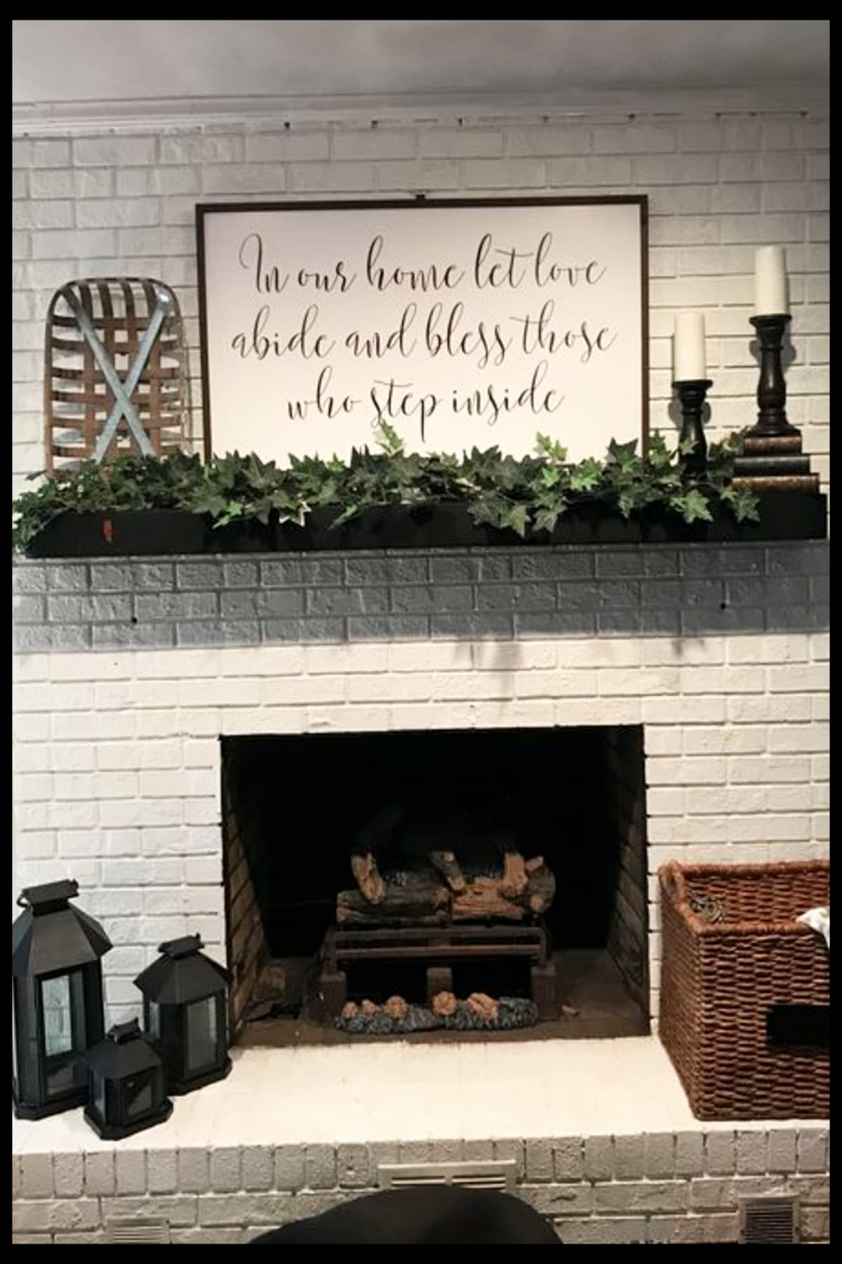farmhouse fireplace ideas decorated with Pottery Barn decor items, greenery, candles, baskets, rustic wall picture signs and more modern country farmhouse decor