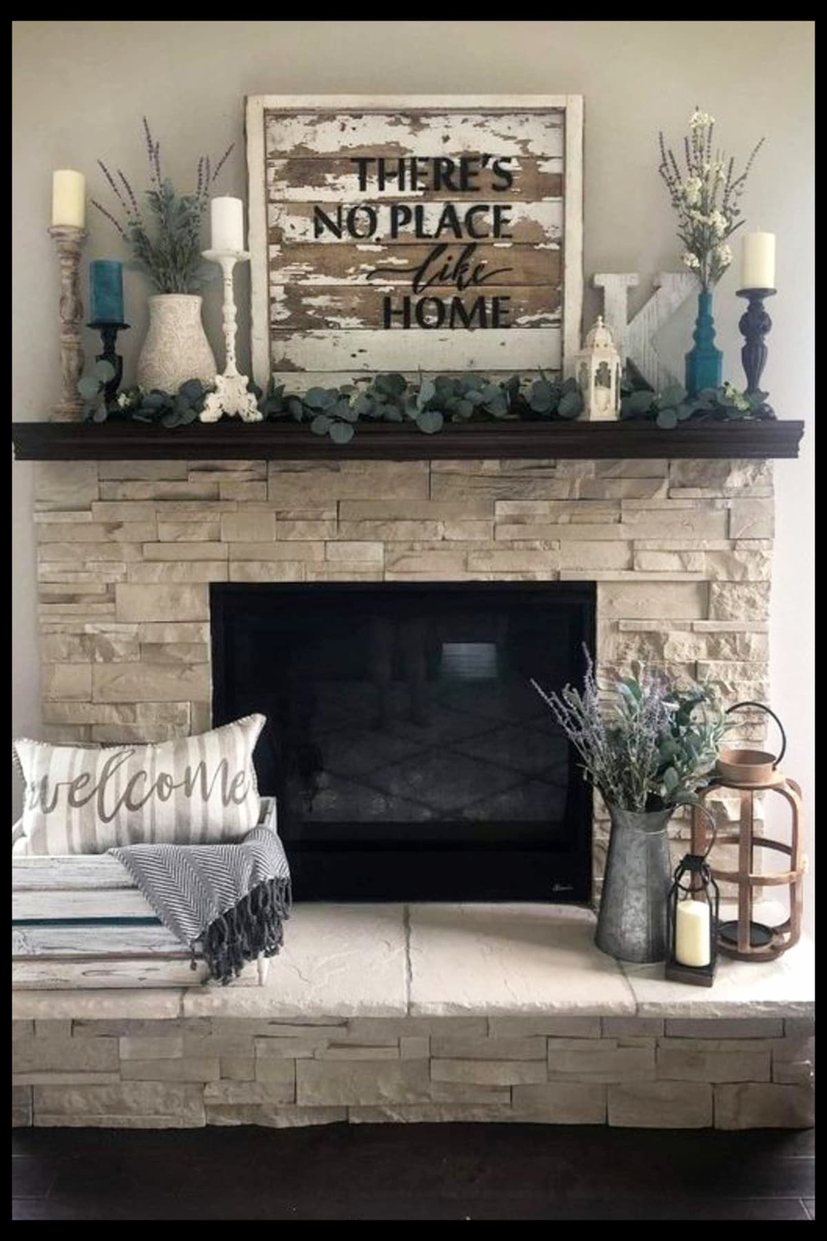 farmhouse fireplace ideas rustic decorations on mantle, barn wood framed picture on wall, pillows, blankets, candles galvanized vase with greenery and more modern country farmhouse decor items