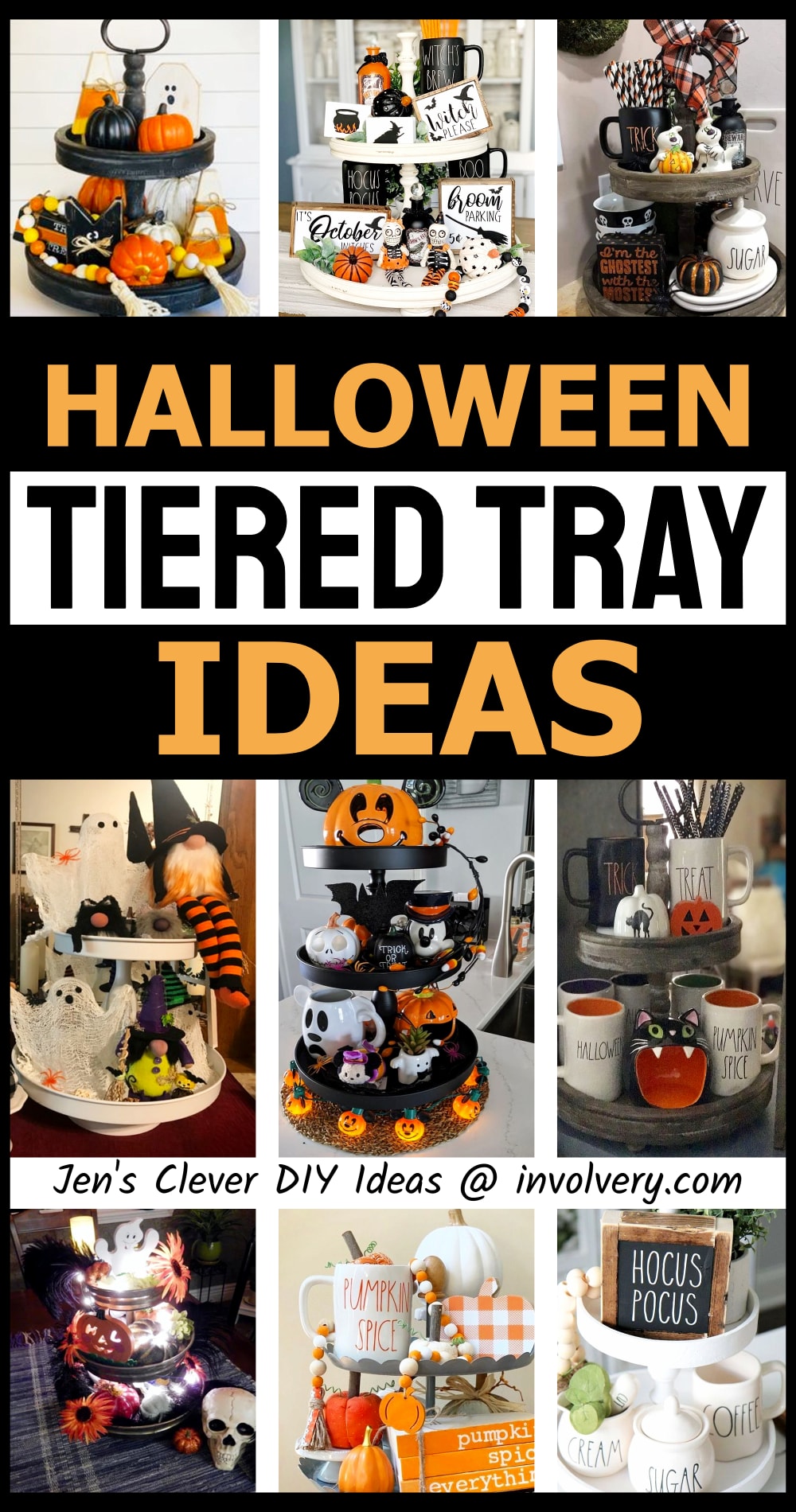 Halloween tiered tray ideas - wooden tray decorations and table tray decor for Halloween