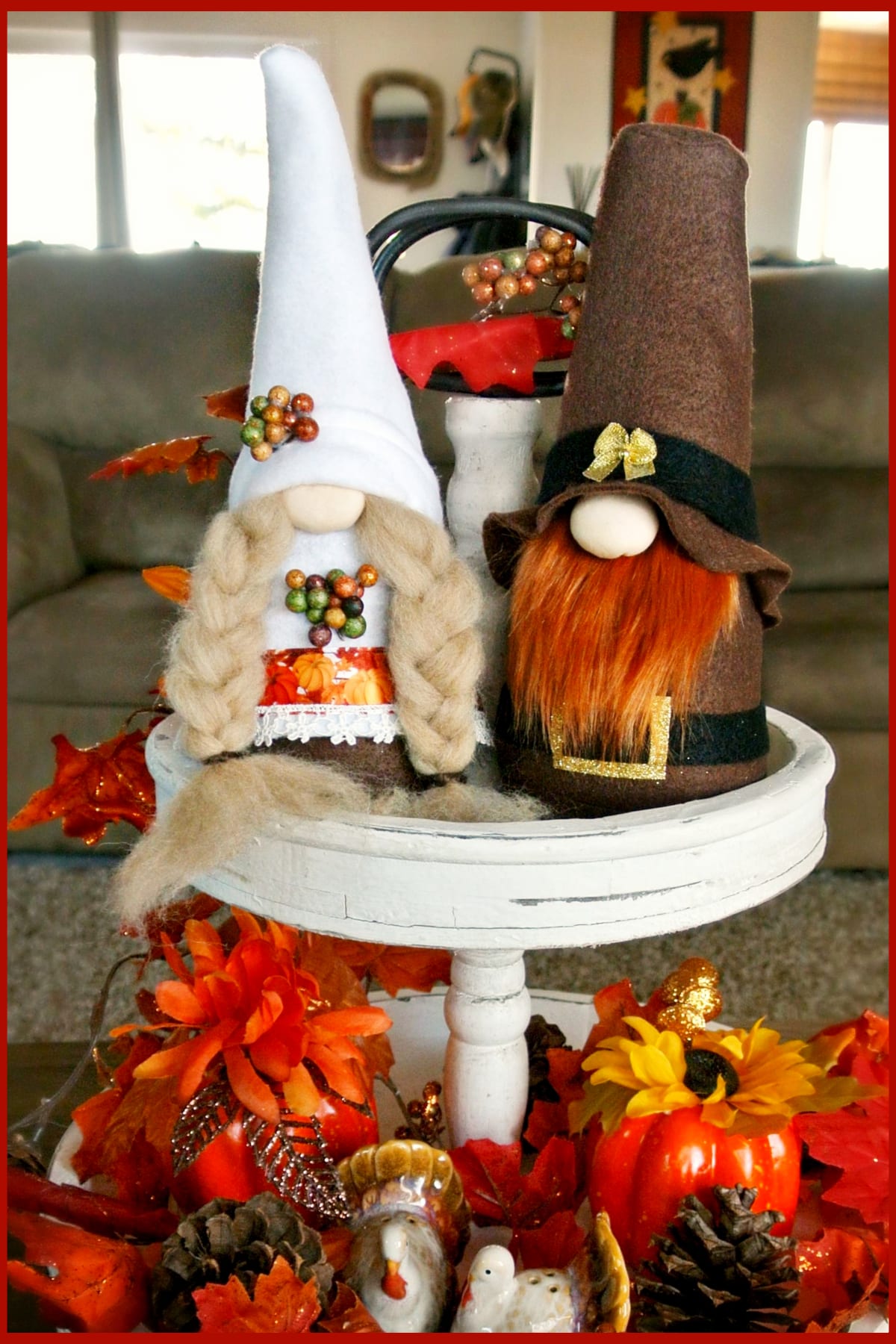 Tray decor ideas for Thanksgiving - 2 tiered wooden tray on coffee table in living room - super cute centerpiece
