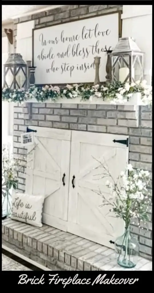 rick fireplace makeover with farmhouse fireplace decor, fireplace doors that look like barn doors and white washed brick all pulled together with Dollar Tree and Hobby Lobb farmhouse decorations on the mantel and hearth