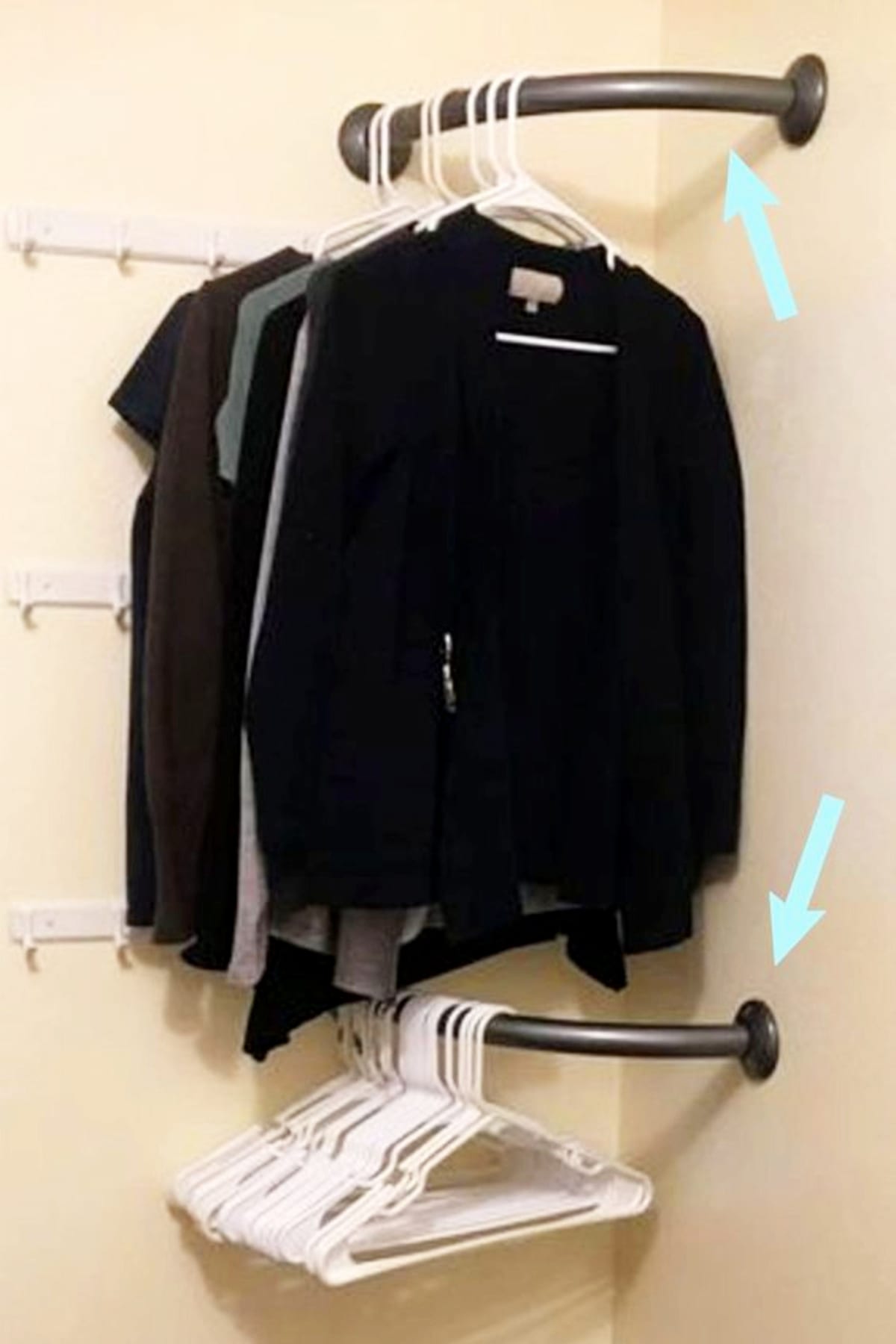 laundry room corner hanging storage idea