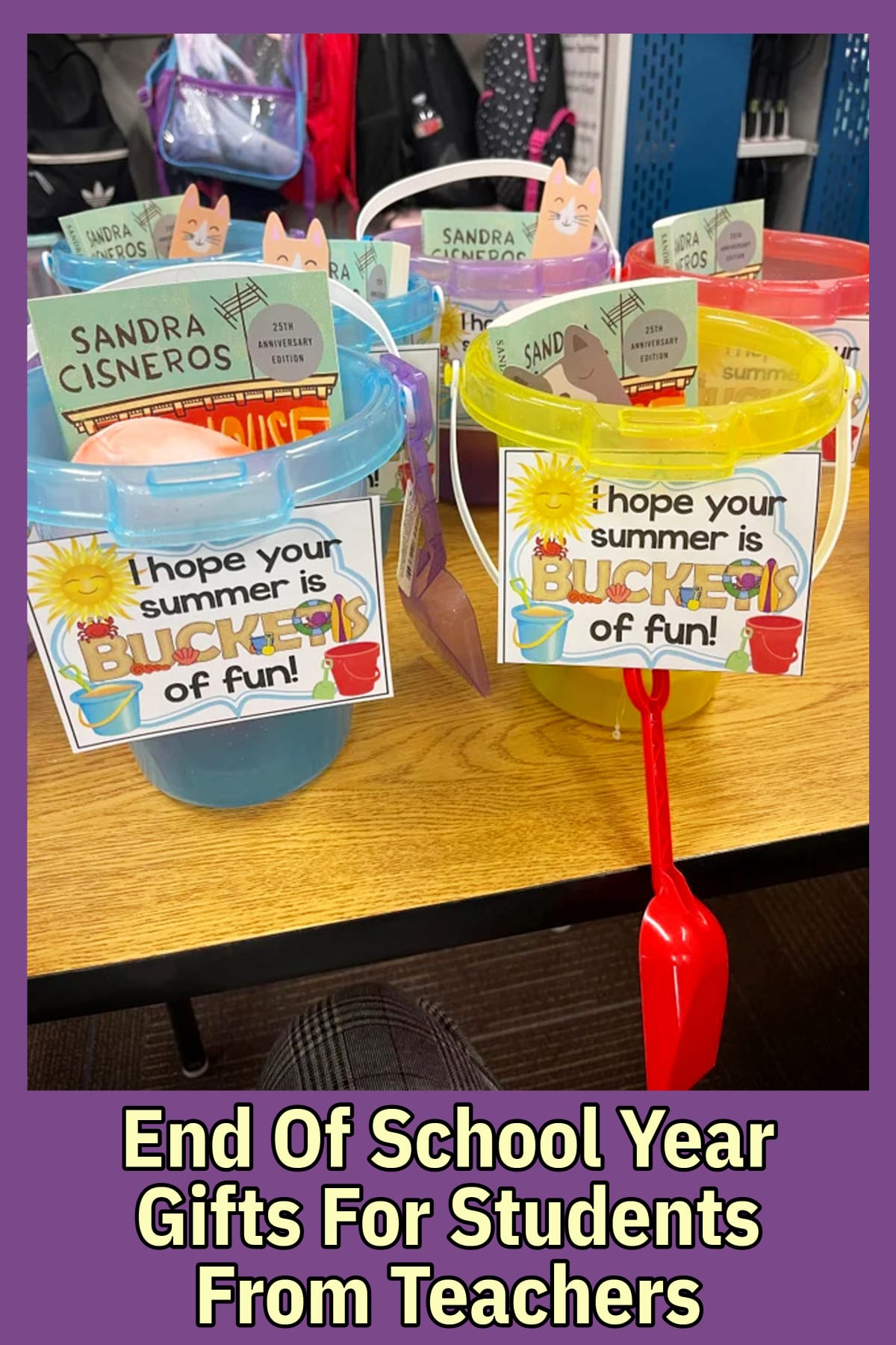 Handmade gift baskets for students from teachers - cute summer-themed end of the school year gift basket ideas made with cheap Dollar Tree store beach buckets