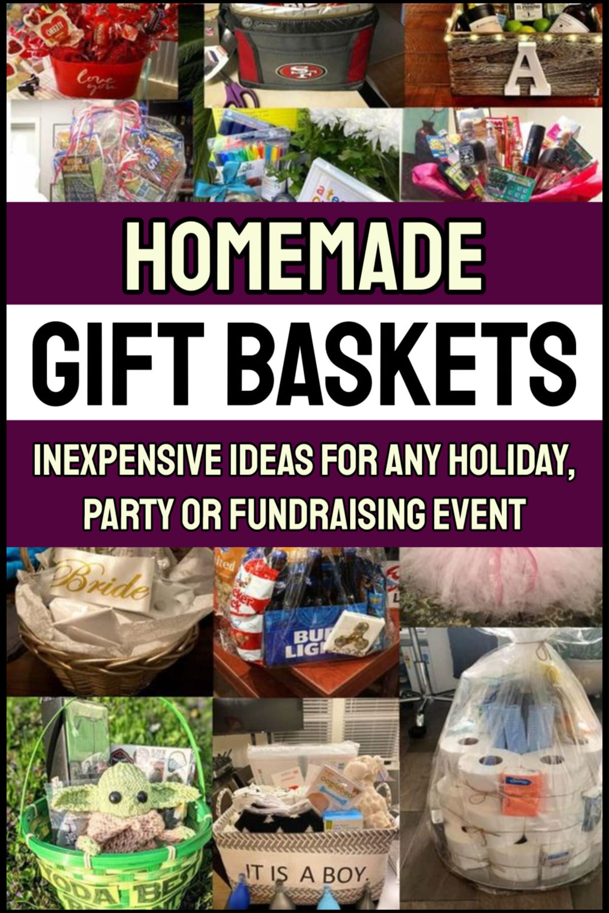 Homemade gift baskets - inexpensive creative gift basket ideas to DIY for birthdays, anniversary, him, her, graduation, Christmas, Valentine's Day, Door Dash gift baskets, Vasectomy care packages, Bunko party favors, raffles, co-workers, teacher appreciation, Orange You Glad themed gift baskets, summer, Aldi gift basket ideas, end of school year student gifts, Star Wars lovers, candy puns, lottery tickets, sympathy baskets and MUCH more.