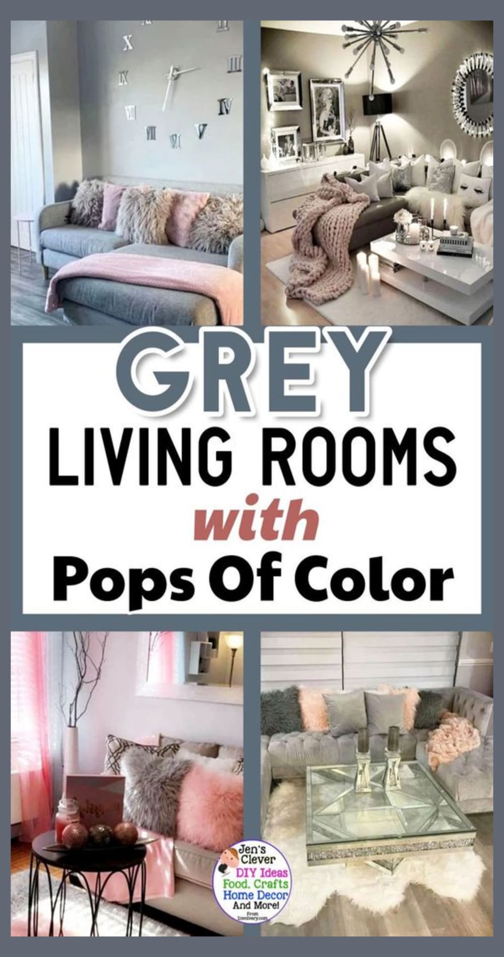 Ideas for Grey Living Room Color Schemes - use pops of color to make your dark grey couch, walls and other grey home decor to make your room feel cozy.