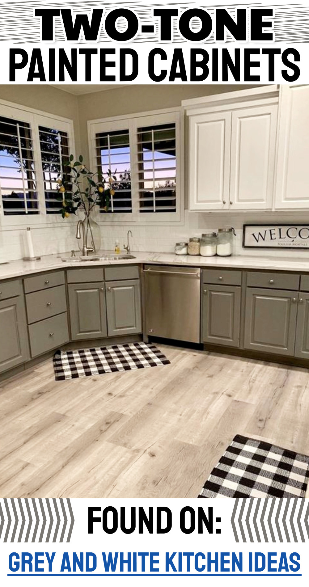 grey and white painted kitchen cabinets