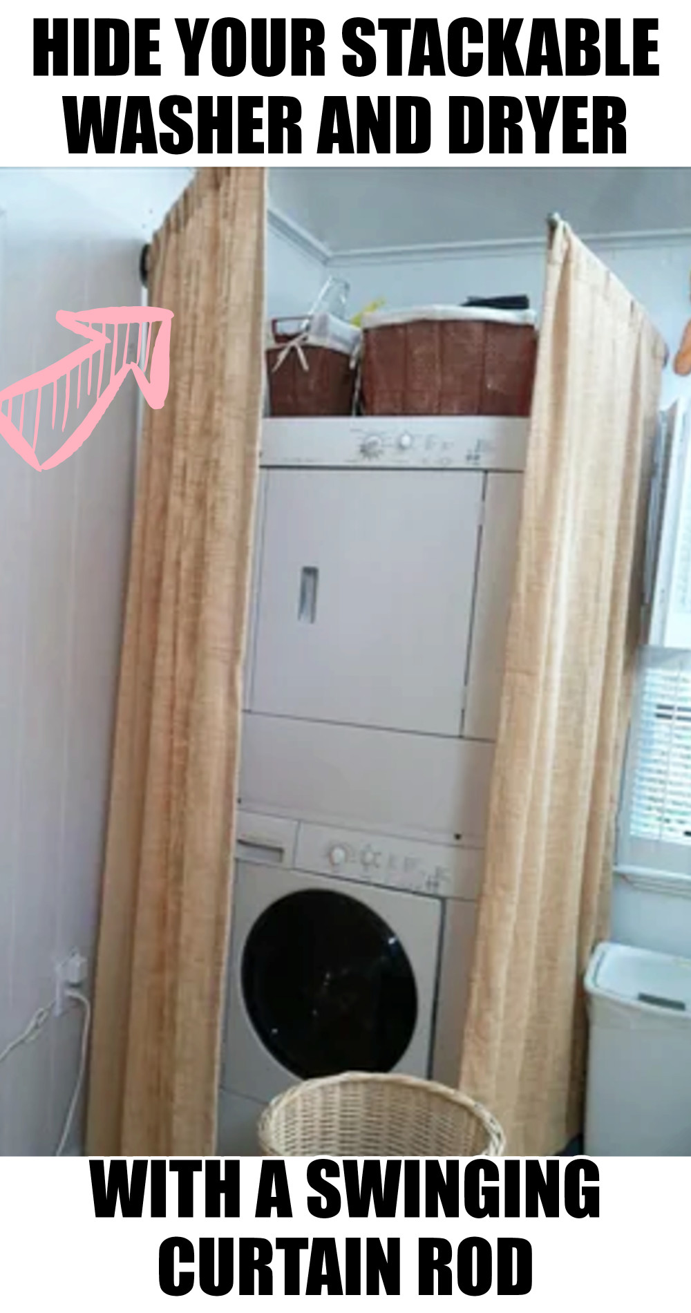 hide stackable washer and dryer with swinging curtain rod