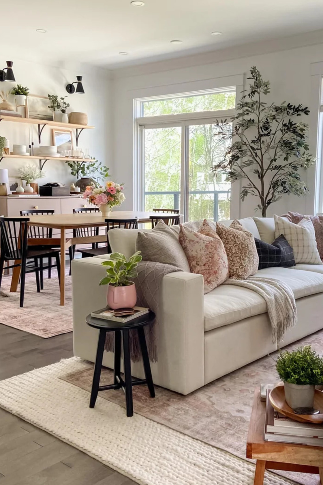 classic neutral living room with floral pastel pops of color