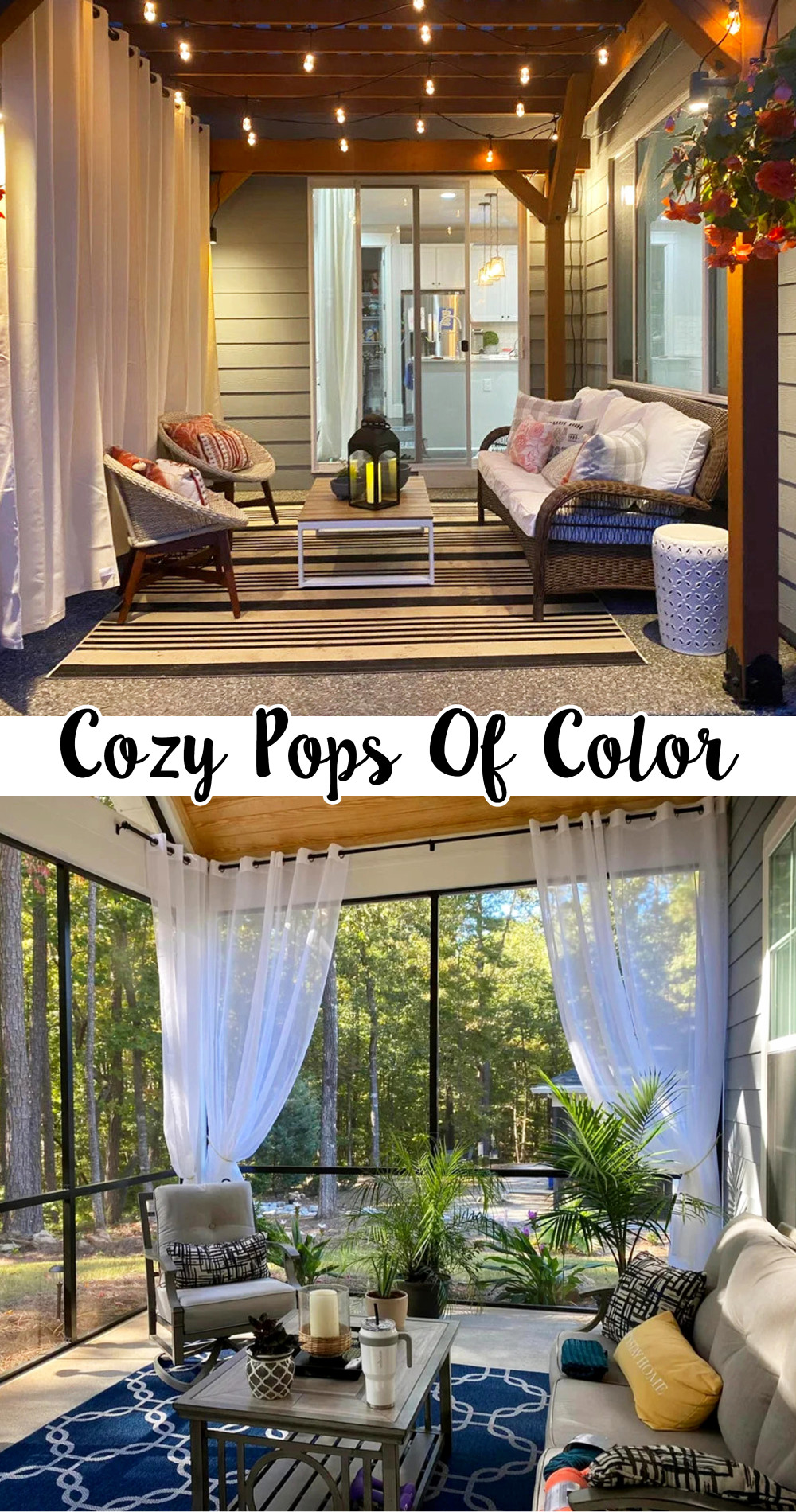 backyard patio and screened porch with neutral decor pops of color