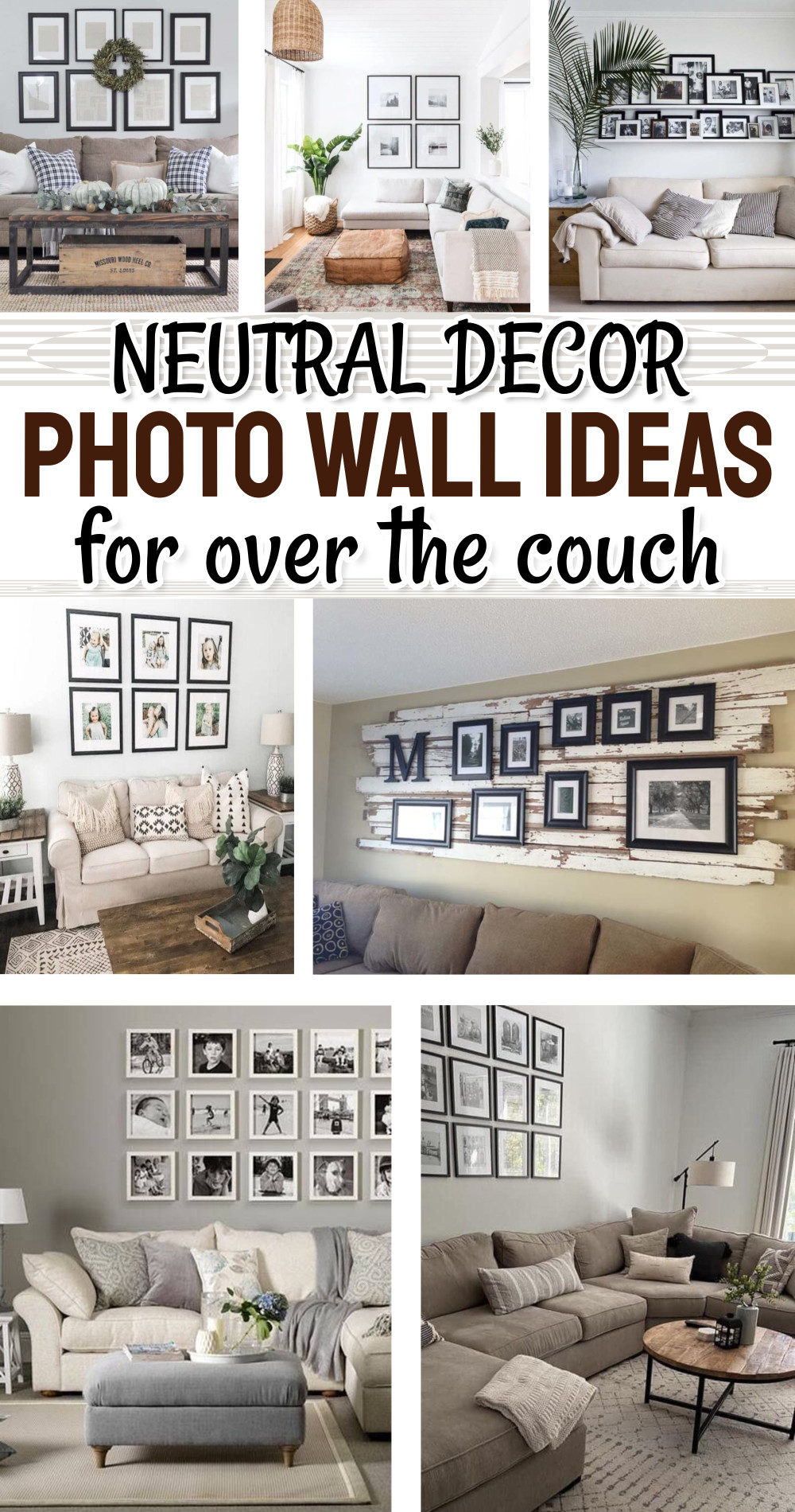 neutral decor living rooms with photo walls over couch displaying family pictures