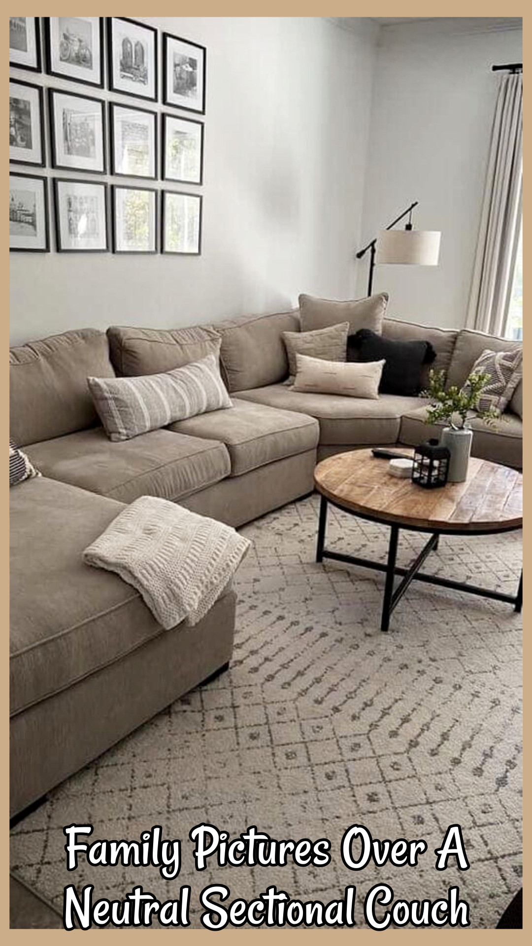 Family picture over neutral sectional couch for displaying  hanging photos on walls
