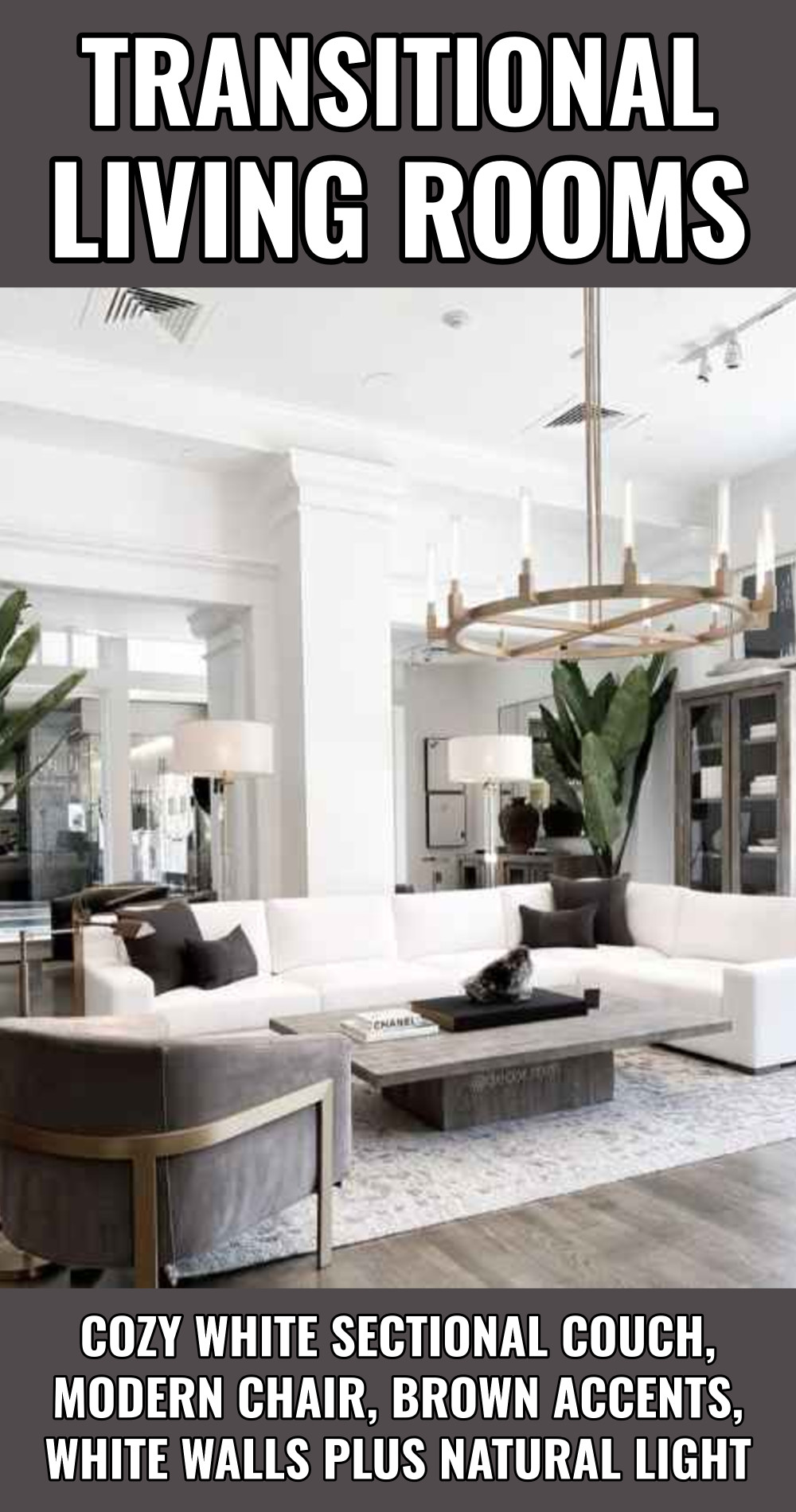 cozy living room white sectional couch modern chair and furniture brown accent pops of color white walls high ceiling