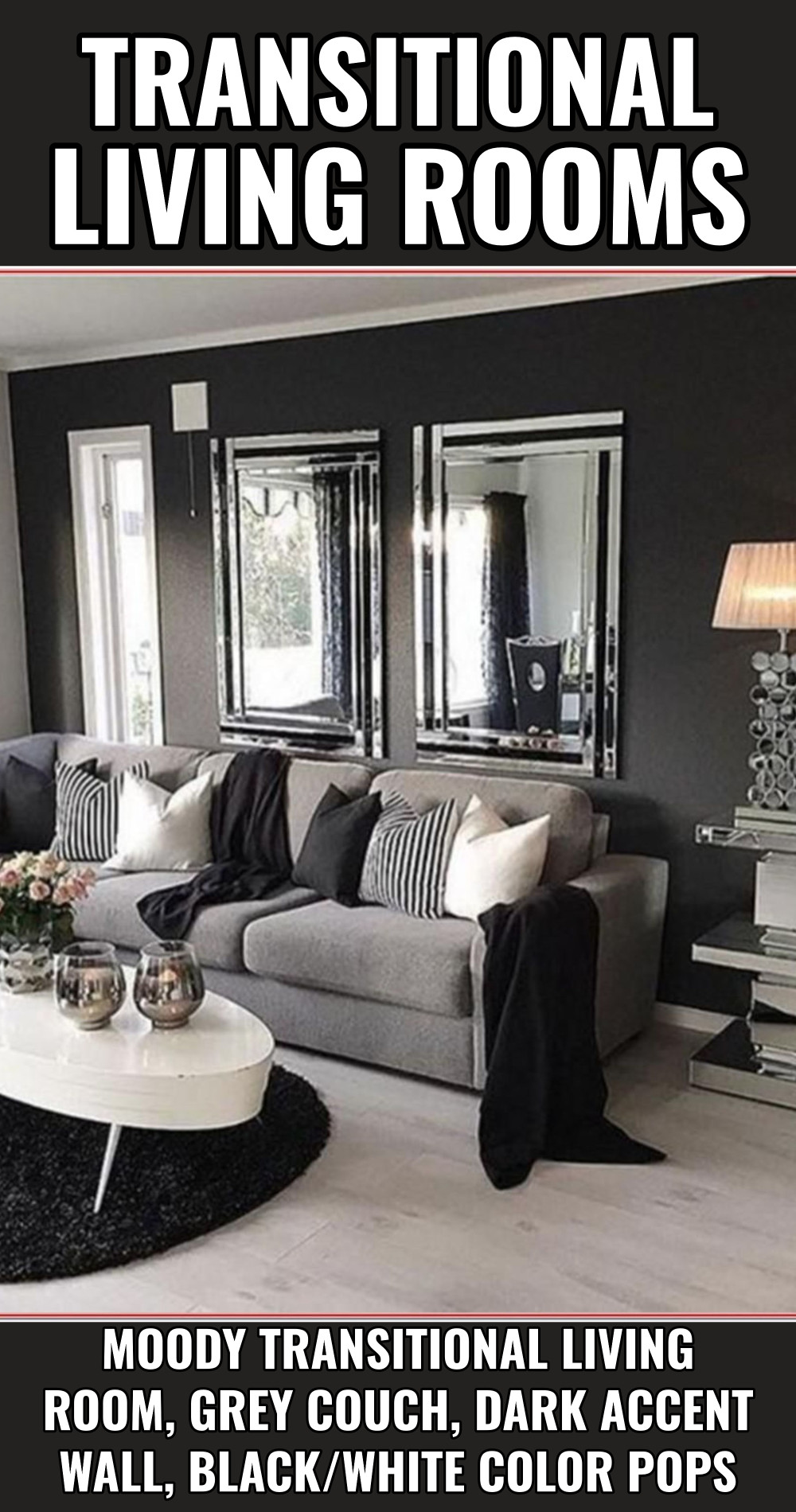 transitional living room moody decor grey couch dark accent wall black white pops of color