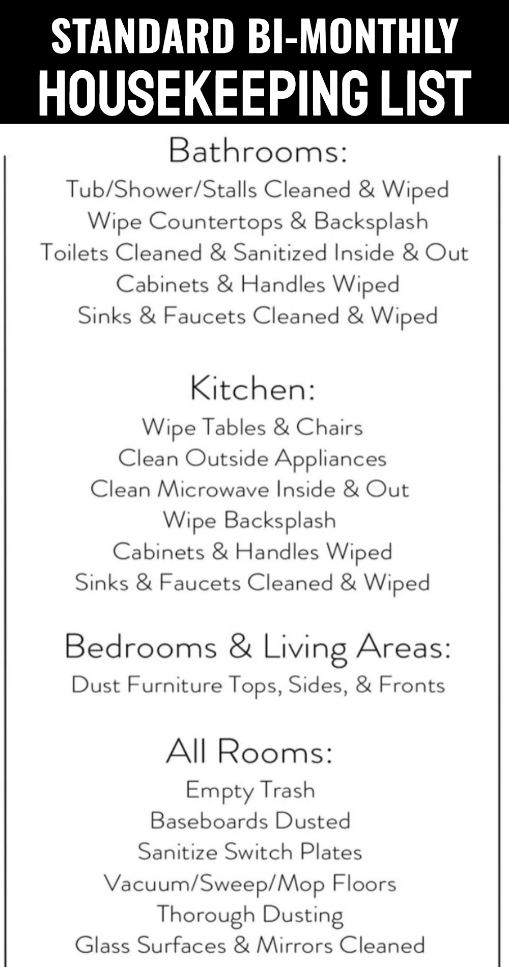 standard bi-monthly house cleaning checklist for maid or housekeeper services