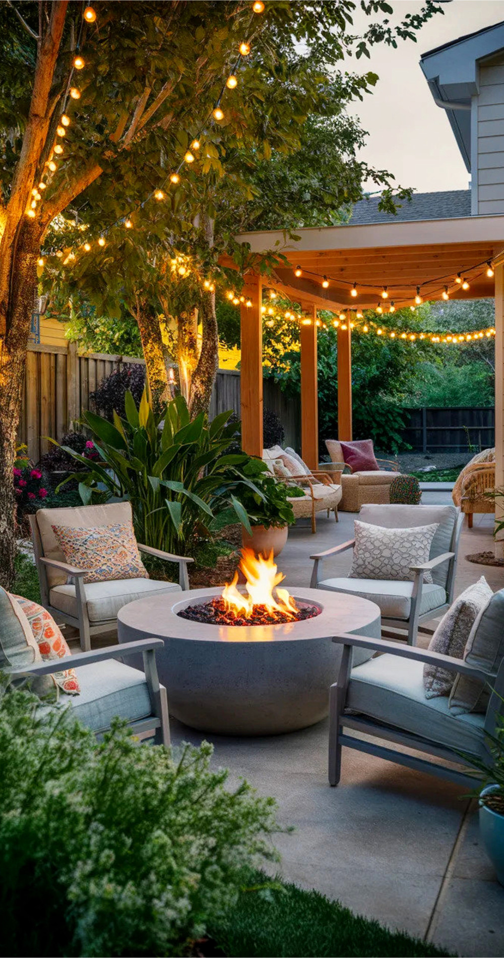 Backyard patio with fire pit area