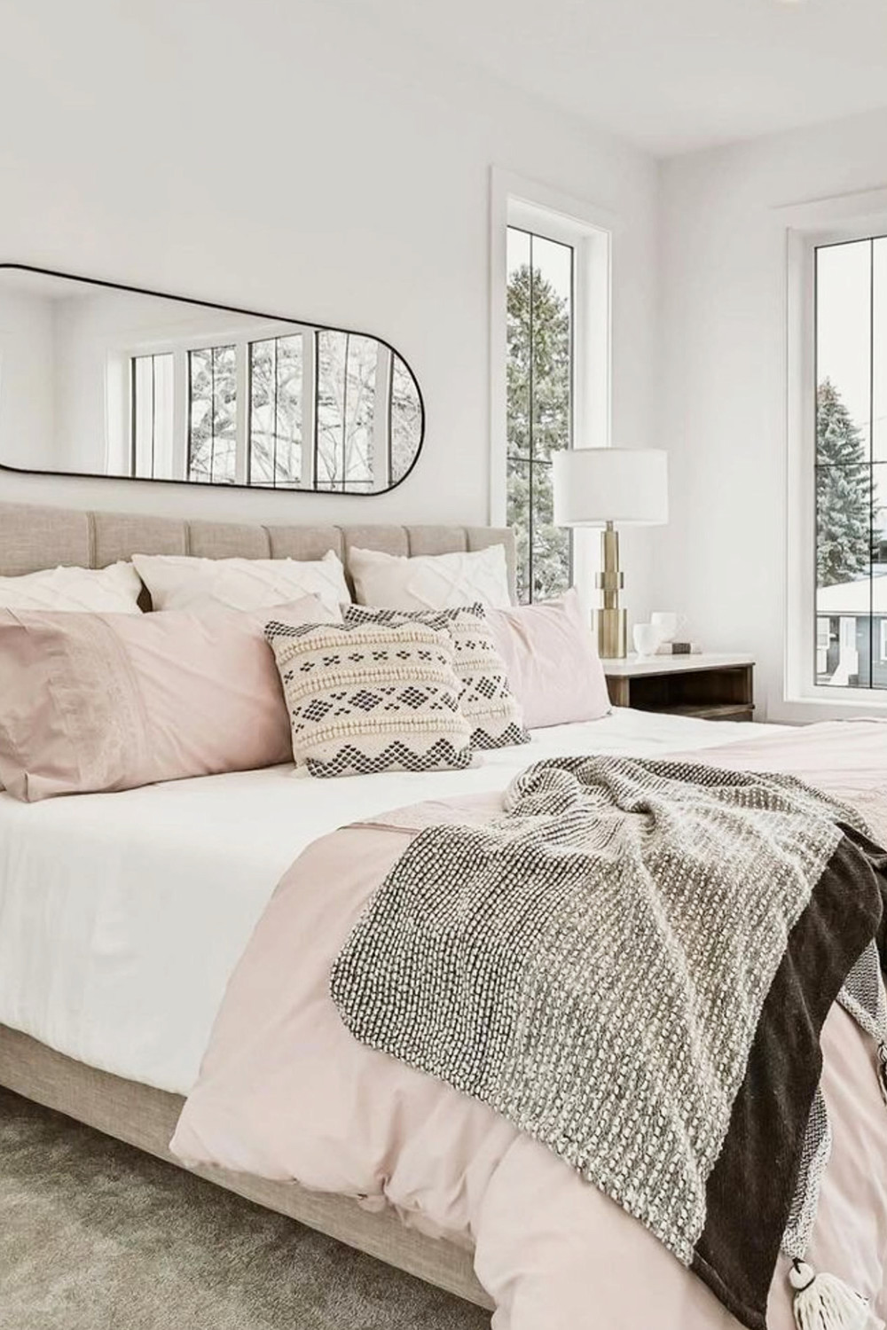 Master bedroom decor inspiration - pink brown white bedroom decor colors