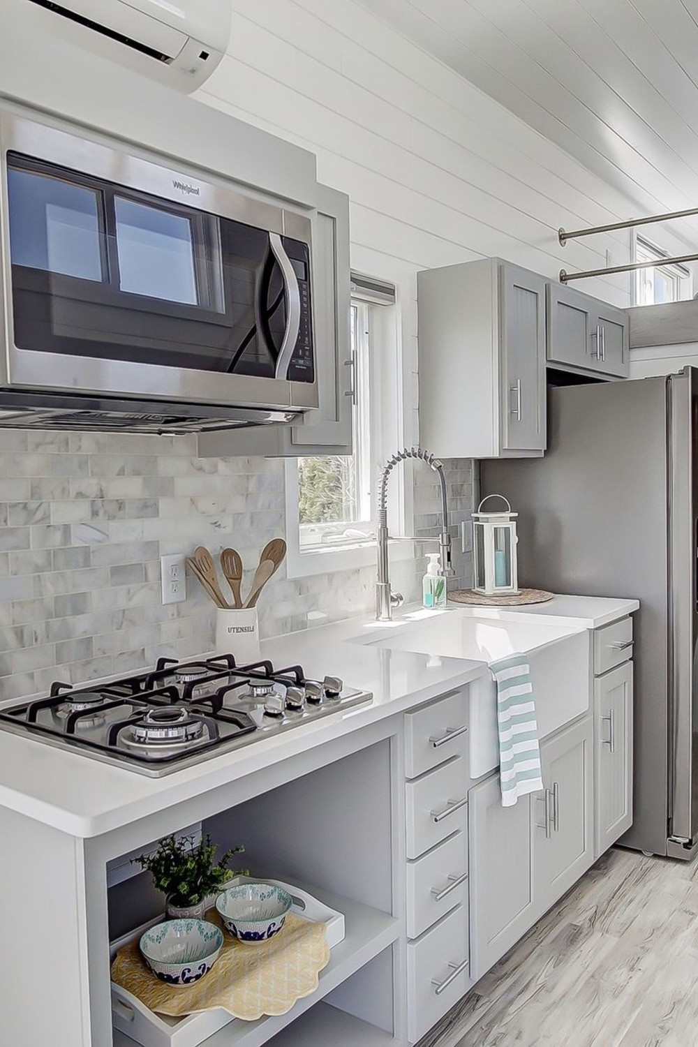 Tiny house grey white kitchen