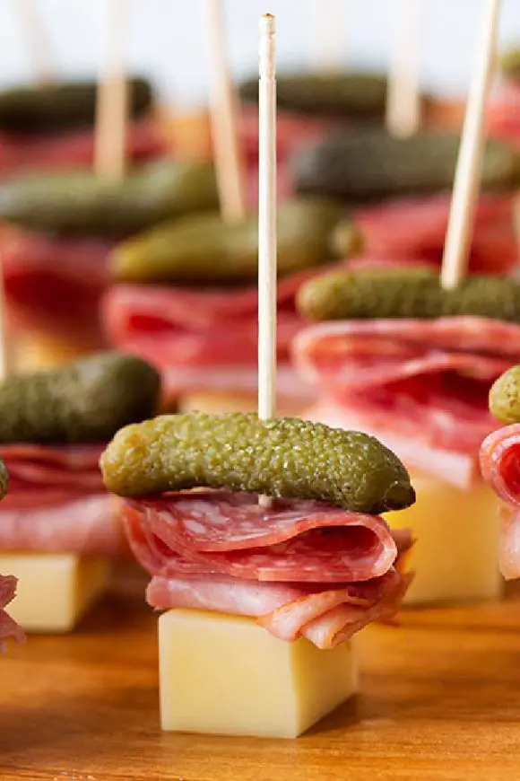 Meat Cheese and Pickle Appetizer Bites on a Stick